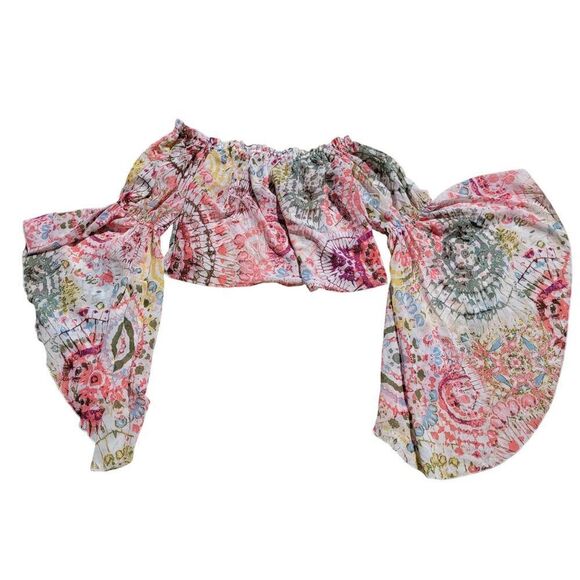 Sheer Floral Off-The-Shoulder Crop Top Angel Sleeves Sz XL Boho Festival India - Picture 1 of 7